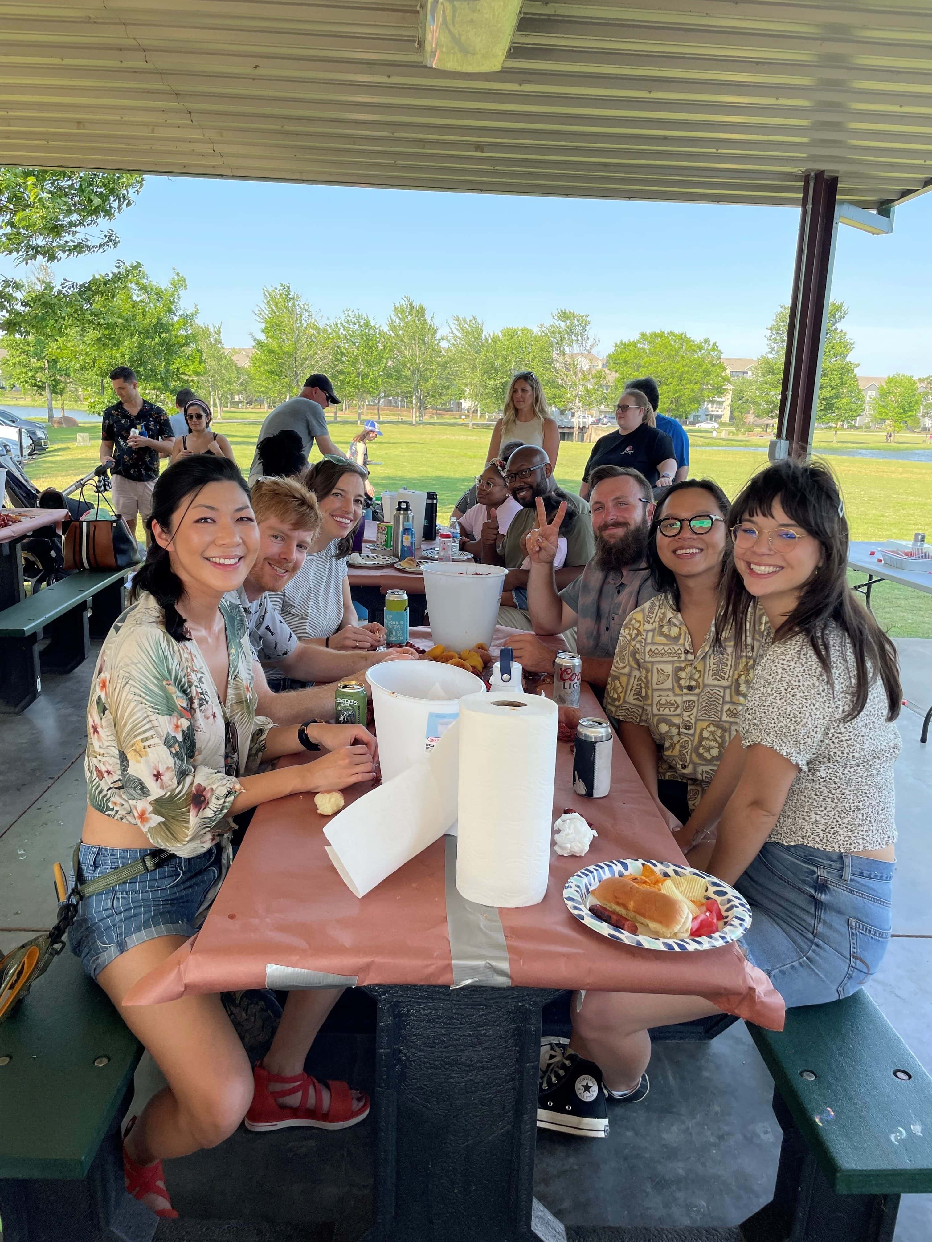 group of residents at a picnic table