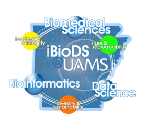 iBioDS logo - the graphic includes the words Leadership and Integrity, Biomedical Sciences, rigor and reproducibility, bioinformatics, data science, and diversity and sustainability