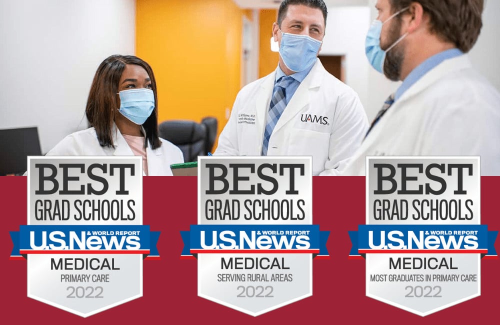 Image showing three doctors with the U.S. News Best Grad Schools award shields.