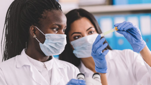 Researchers studying a sample in a laboratory