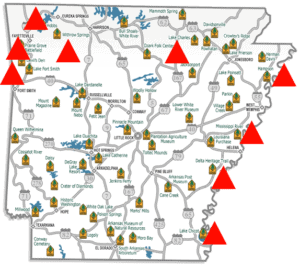 Arkansas map with nine state parks highlighted
