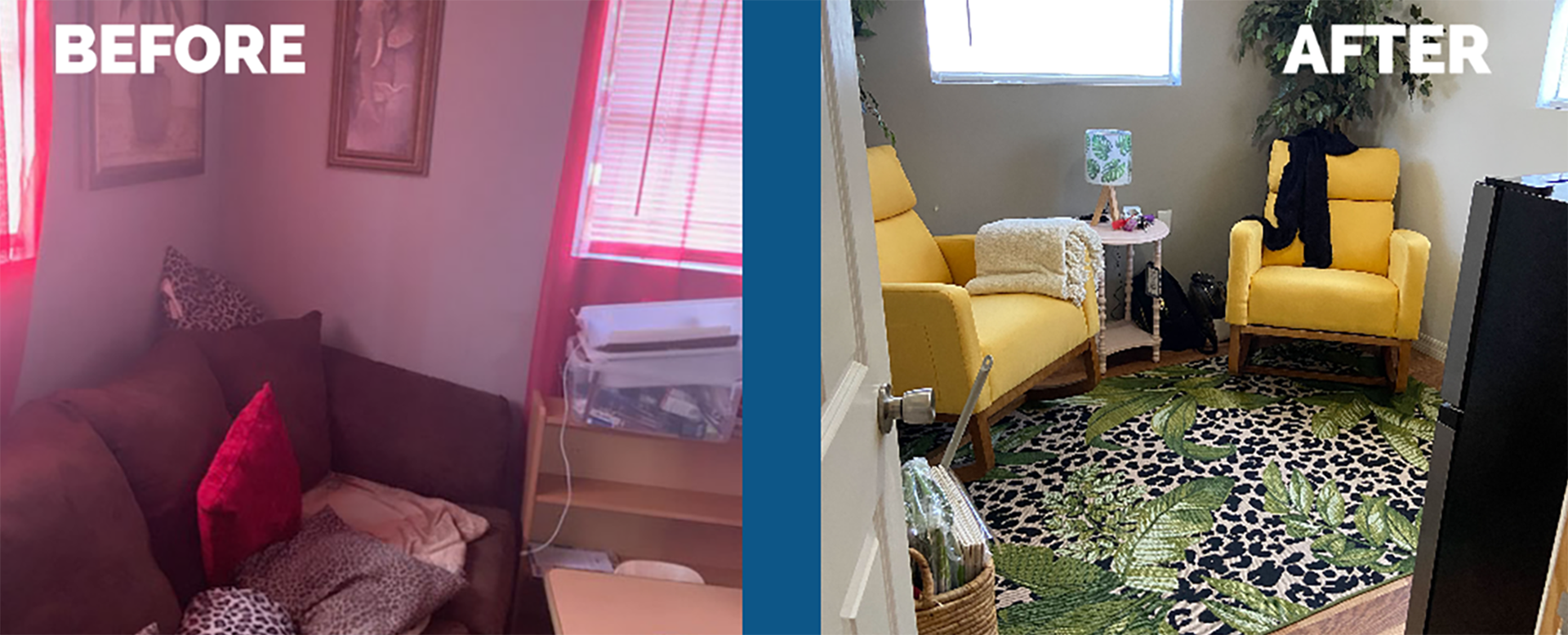 Before and after pic of Janna's Little Angels breastfeeding room