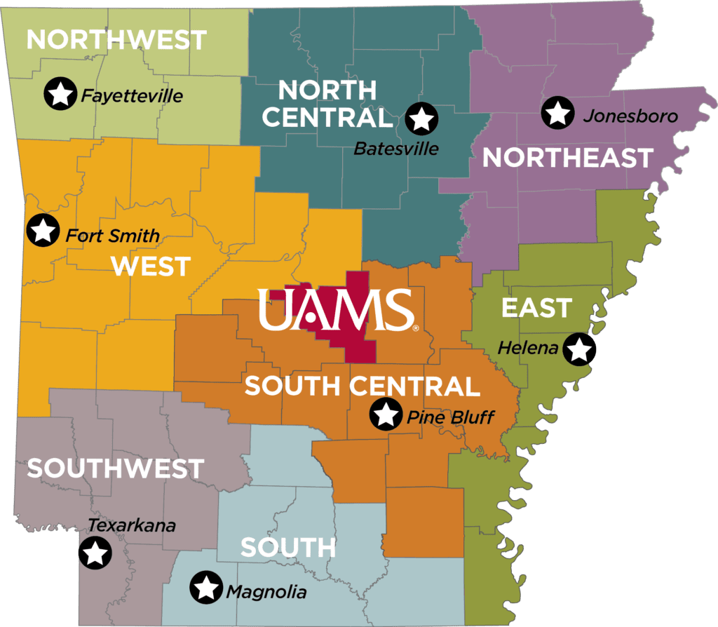 Arkansas state maps, divided by UAMS Regional Campus - Northwest/Fayetteville, North Central/Batesville, Northeast/Jonesboro, East/Helena, South Central/Pine Bluff, South/Magnolia, Southwest/Texarkana, and West/Fort Smith