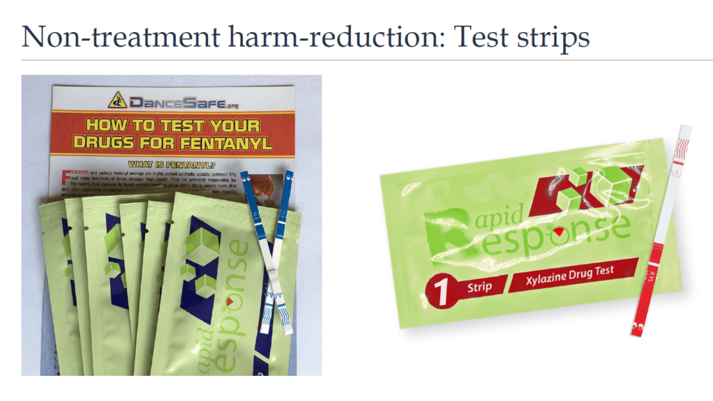 Packet of non-treatment harm-reduction test strips. How to test your drugs for fentanyl and Rapid Response Xylazine Drug Test.