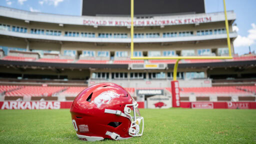 Arkansas Razorbacks football helmet on the field