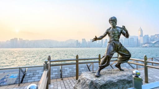 Bruce Lee statue by Victoria Harbor in Hong Kong