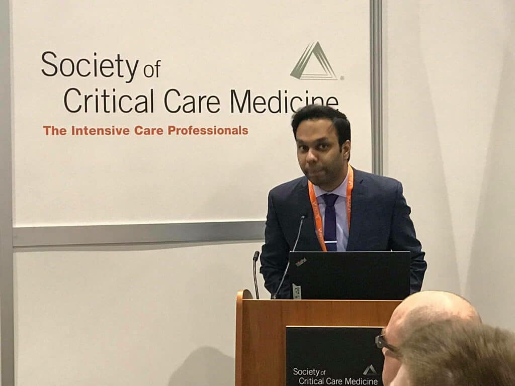 Akshay Goel presenting at the Society of Critical Care Medicine.