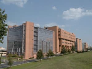 Exterior of the Rahn and Education II buildings on the UAMS campus