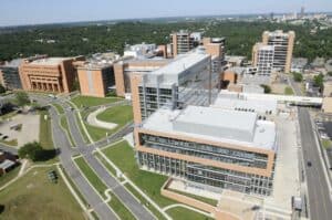 Aerial view of UAMS Little Rock campus with downtown Little Rock in the background