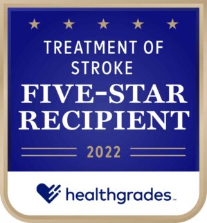 Text in graphic reads: treatment of stroke five-star recipient 2022 healthgrades