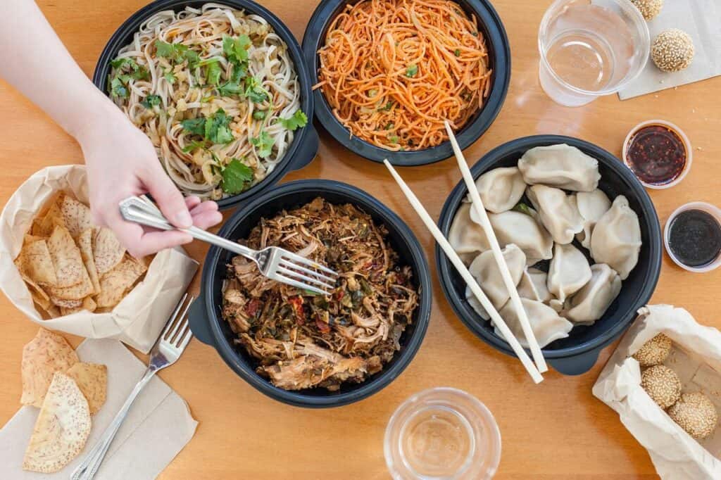 Family spread at Three Fold Noodles and Dumplings