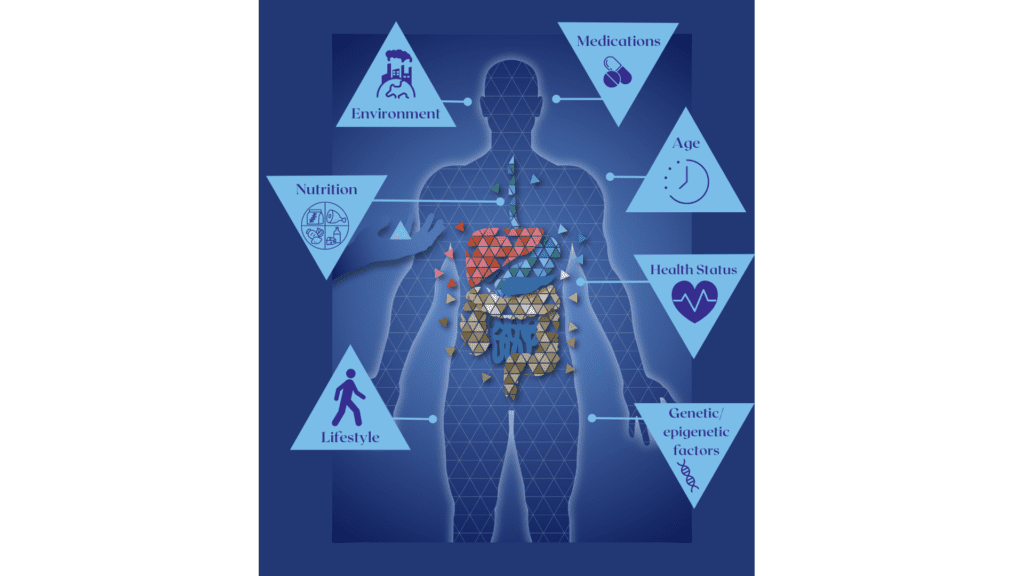human body illustration surrounded by the terms Nutrition, Medication, Lifestyle, Age, Genetics, Environment, and Health Status, with arrows towards the body diagram