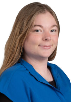 Kiersten Keeton, Nutritionist Assistant, long light hair wearing a blue scrub top