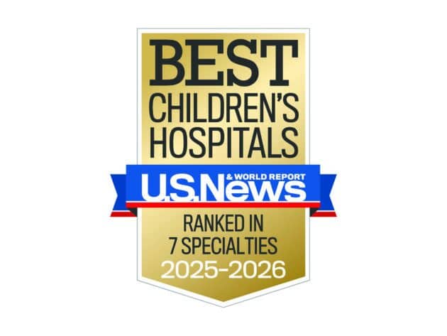 The US News and World Report badge. It states that Arkansas Children's Hospital is ranked in seven subspecialties