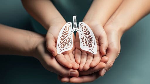 Child s and adult s hands holding paper lungs.