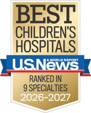 The US News and World Report badge that states Arkansas Children's Hospital has been ranked in nine subspecialties for 2026-2027