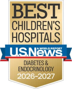 The US News and World Report badge that states Arkansas Children's Hospital has been ranked in the diabetes care, which is handled by our endocrinology subspecialty for 2026-2027