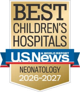 The US News and World Report badge that states Arkansas Children's Hospital has been ranked in the diabetes care, which is handled by our neonatology subspecialty for 2026-2027