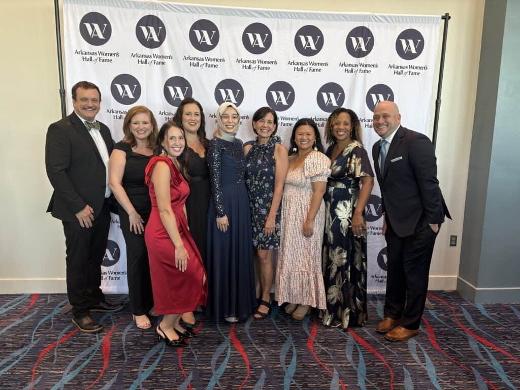 Dr. Josh Kennedy, Dr. Amy Scurlock, Allison Bruton, Suzanne House, Dr. Sevdenur Keskin, Anne Hiegel, Dr. Dieu Doan, Dr. Tamara Perry, and Dr. Matt Bell attending Dr. Stacie Jones's 2025 Arkansas Women's Hall of Fame induction ceremony in 2025