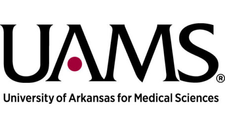 The UAMS Logo, black lettering on a white background. The capital letter, 
