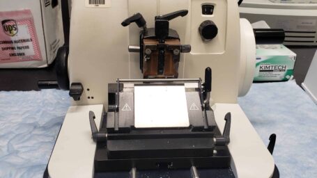 Leica RM2135 microtome is used for cutting paraffin embedded blocks