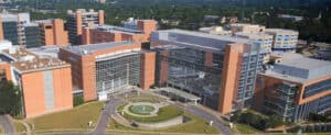 Drone shot of the UAMS campus in Little Rock, showing the medical center in the foreground.