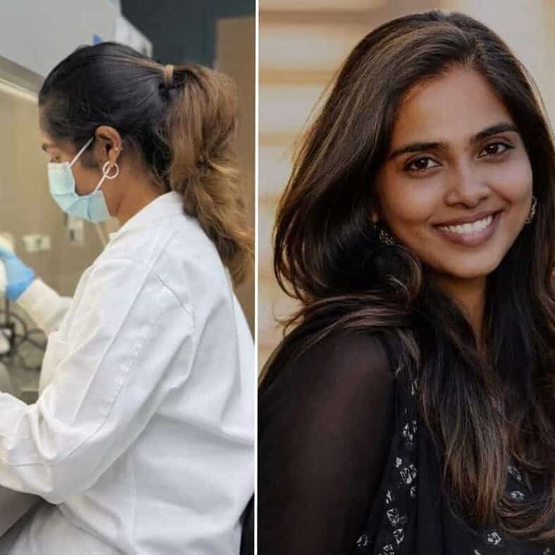 side by side shot of swathi. Left side of her in a lab coat conducting research, right side is a headshot of swathi