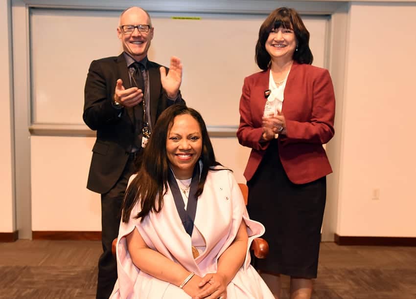 Ronda Henry-Tillman, M.D. with with UAMS College of Medicine Dean Pope Moseley, M.D., and UAMS Interim Chancellor Stephanie Gardner, Pharm.D., Ed.D.