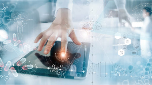 Medicine doctor analysis electronic medical record on interface display.