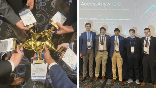 Photo on left - closeup of 5 trophies; Photo on right - 5 students in front of screen with project title