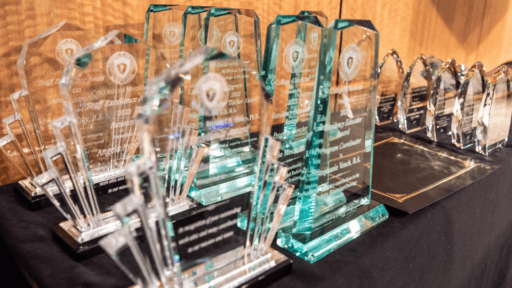 Several clear, inscribed awards lined up on a table