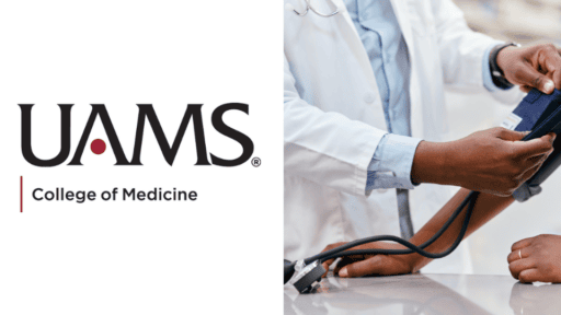 COM Logo on left; closeup of hands as female physician takes patient's blood pressure on right