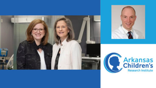 Composite image with a photograph of Dr. Amy Scurlock and Dr. Amy Jones standing together; portrait of Dr. Taufiek Konrad Rajab; Arkansas Children's Research Institute logo