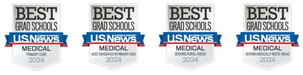 US News & World Report Best Grad Schools - 4 badges for primary care education, graduates in primary care, serving rural areas, serving medically needy areas